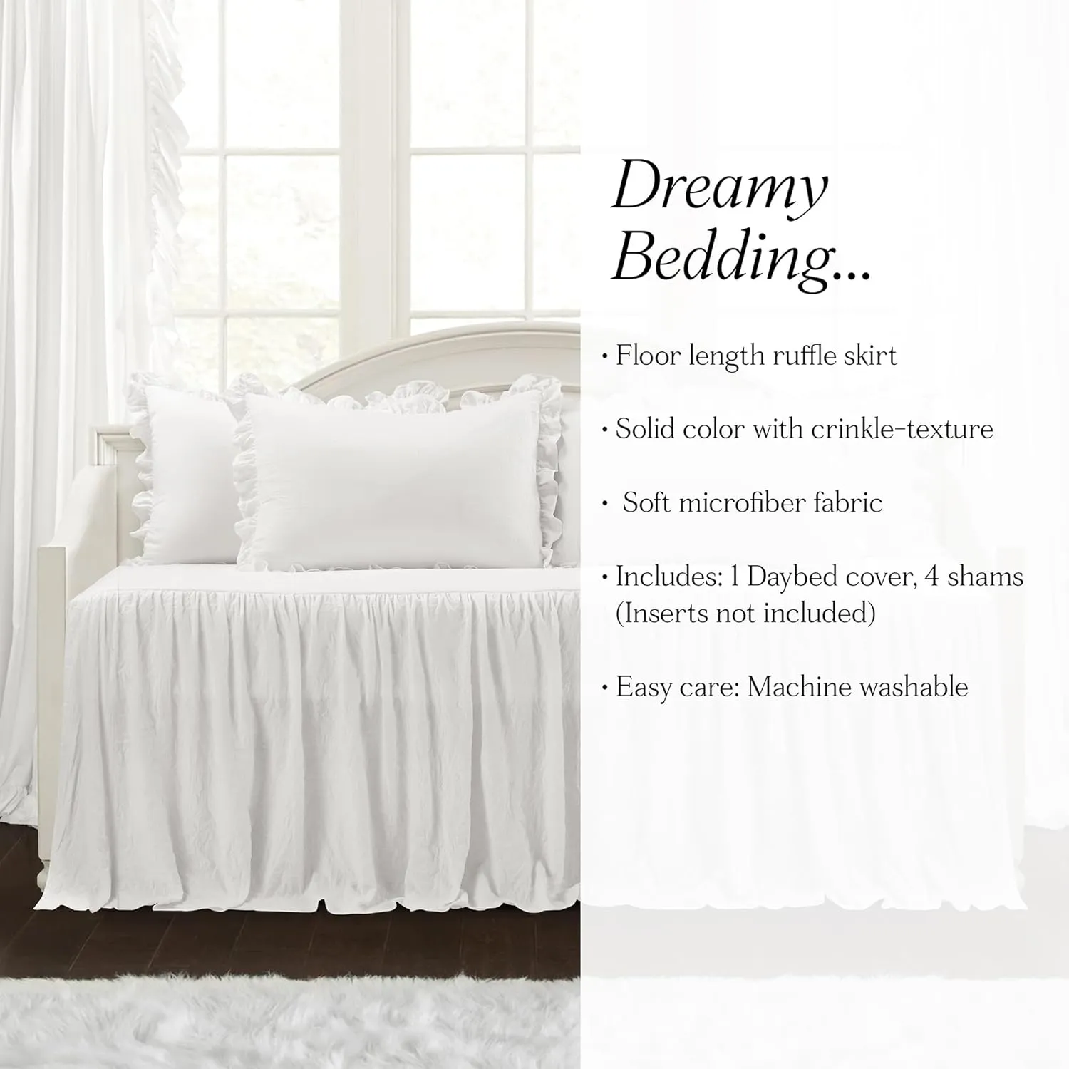 Lush Decor Ruffle Skirt Daybed Cover 5 Piece Set 39" W x 75" L, White -White Bedding Set - Daybed Comforter Set - Ruffled Bedding - Coquette Decor