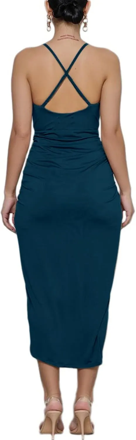 LYANER Women's V Neck Ruched Wrap Slit Hem Sleeveless Spaghetti Strap Midi Bodycon Dress