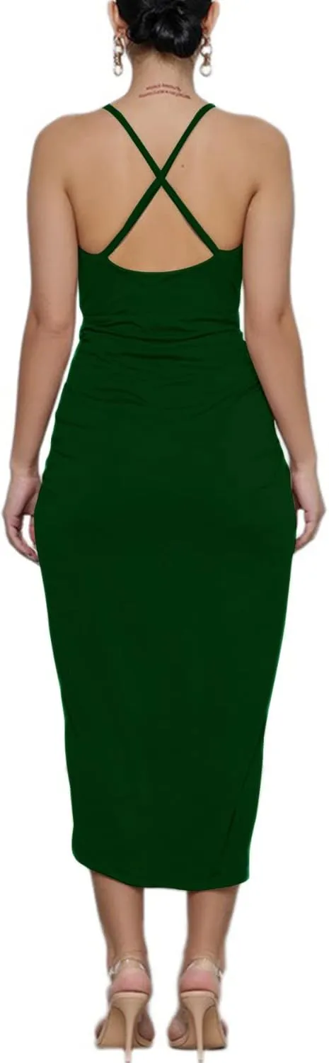 LYANER Women's V Neck Ruched Wrap Slit Hem Sleeveless Spaghetti Strap Midi Bodycon Dress