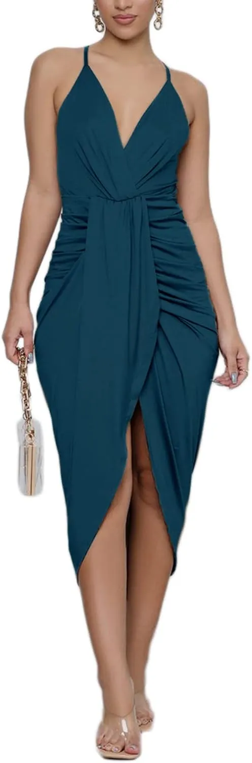 LYANER Women's V Neck Ruched Wrap Slit Hem Sleeveless Spaghetti Strap Midi Bodycon Dress