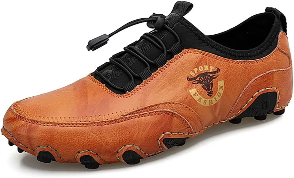 Men Casual Leather Loafers Slip-On Boat Penny Shoes Handmade Flats Male Ankle Boots Hand Stitching Oxford Driving Walking Traveling Outdoor Shoe