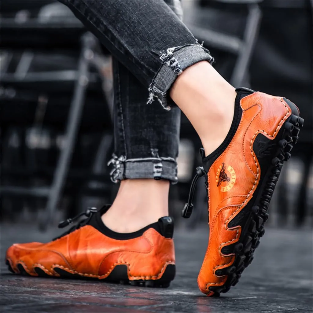 Men Casual Leather Loafers Slip-On Boat Penny Shoes Handmade Flats Male Ankle Boots Hand Stitching Oxford Driving Walking Traveling Outdoor Shoe