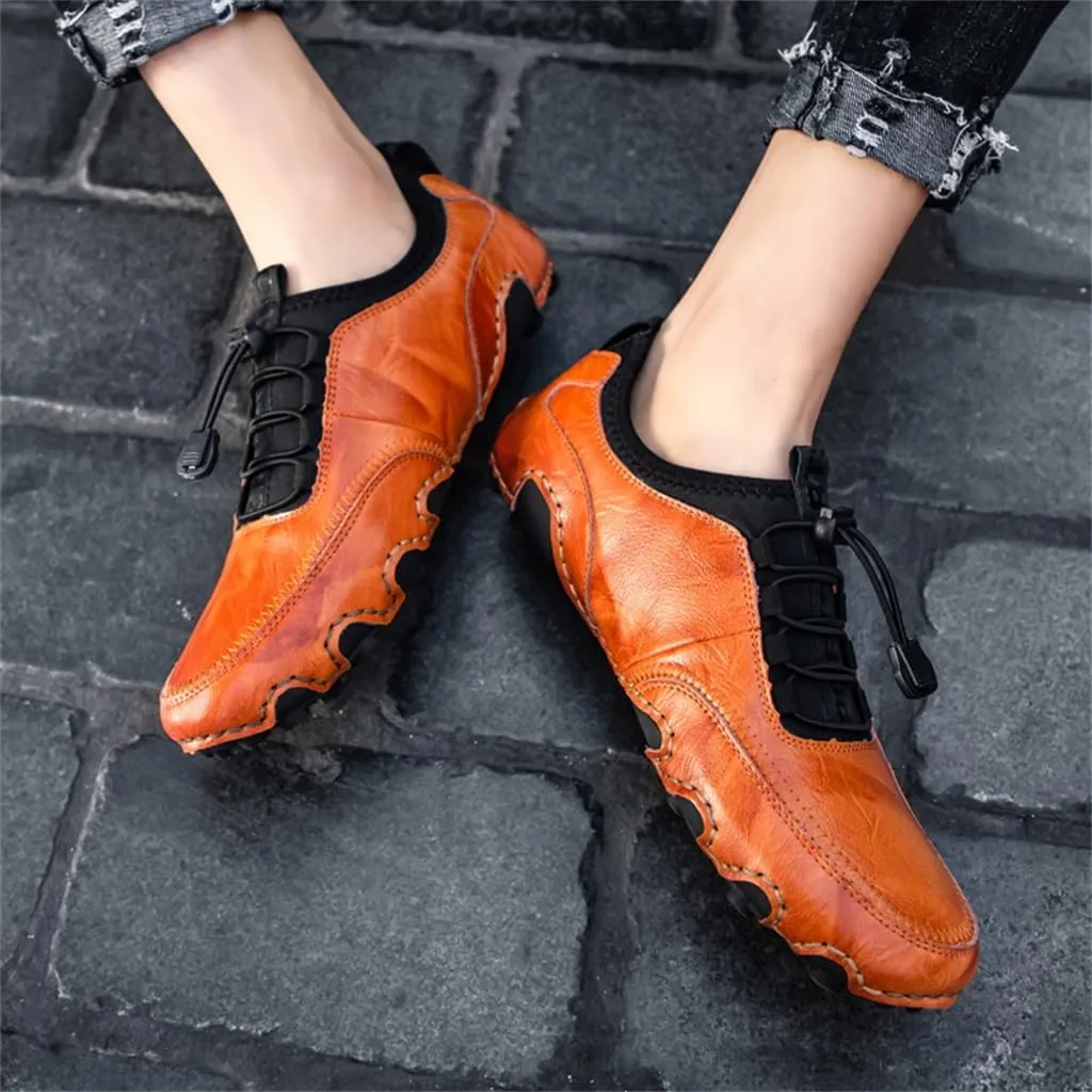 Men Casual Leather Loafers Slip-On Boat Penny Shoes Handmade Flats Male Ankle Boots Hand Stitching Oxford Driving Walking Traveling Outdoor Shoe