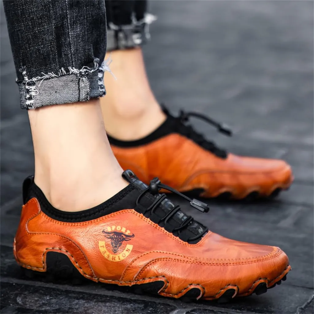 Men Casual Leather Loafers Slip-On Boat Penny Shoes Handmade Flats Male Ankle Boots Hand Stitching Oxford Driving Walking Traveling Outdoor Shoe