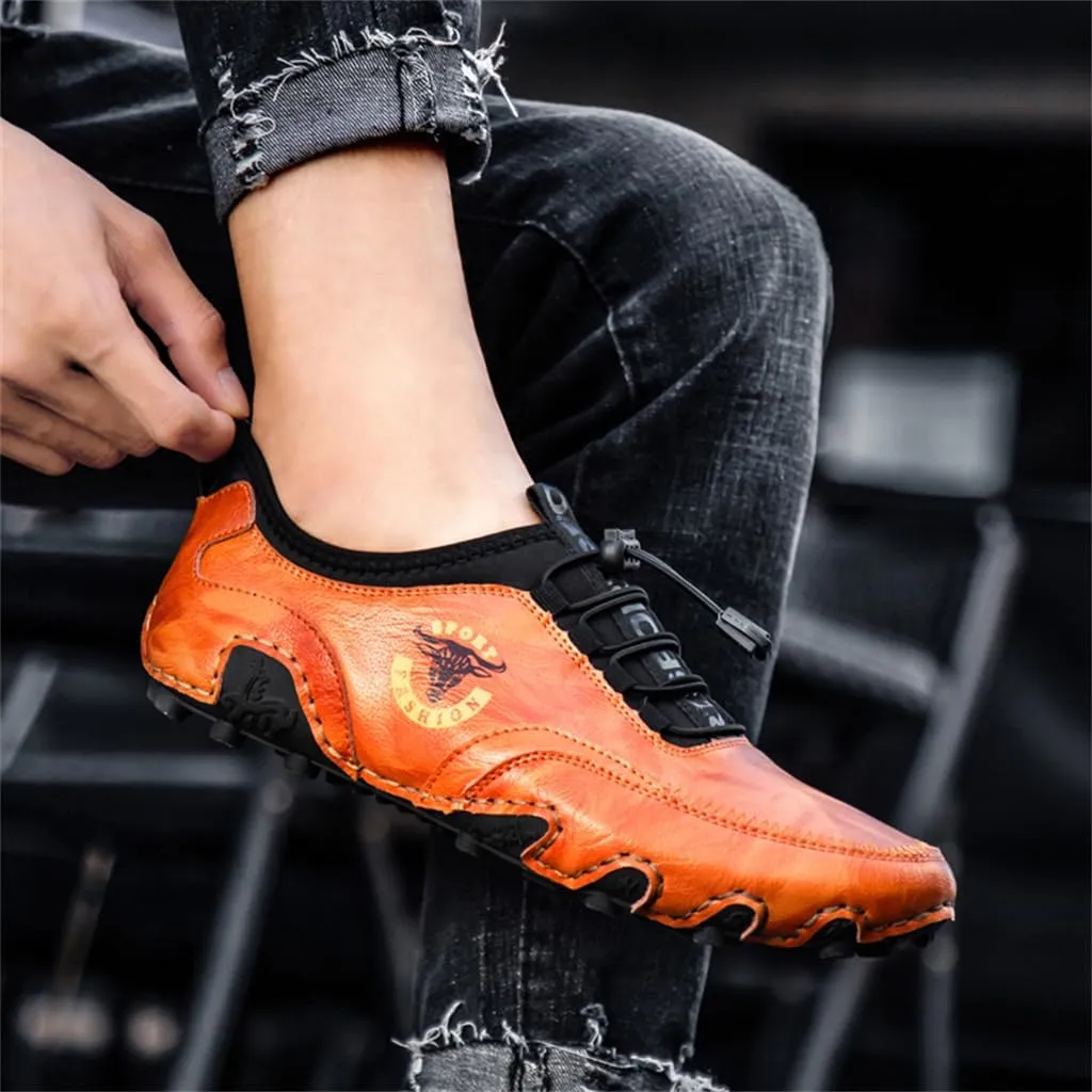 Men Casual Leather Loafers Slip-On Boat Penny Shoes Handmade Flats Male Ankle Boots Hand Stitching Oxford Driving Walking Traveling Outdoor Shoe