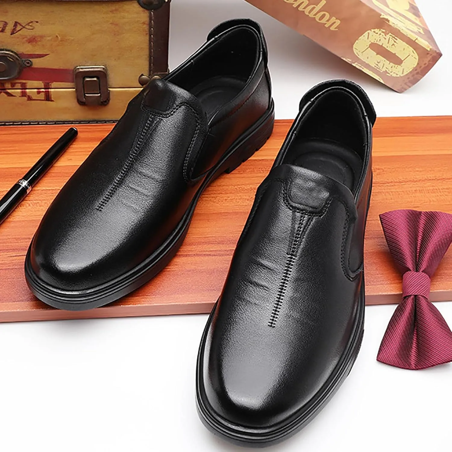 Men's Genuine Leather Slip On Dress Shoes Lightweight Anti-Slip Casual Oxfords for Daily Walking & Travel Loafer