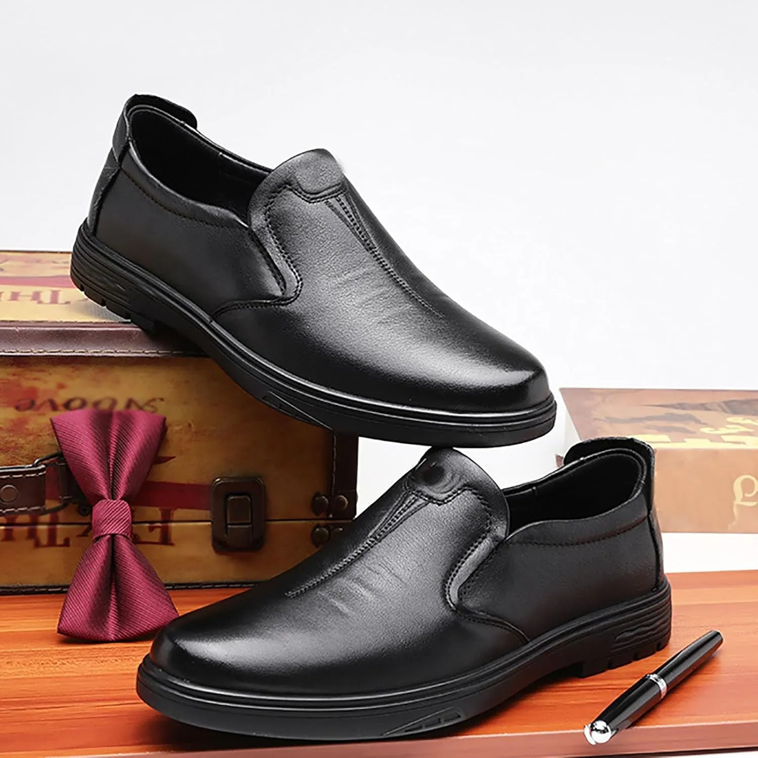 Men's Genuine Leather Slip On Dress Shoes Lightweight Anti-Slip Casual Oxfords for Daily Walking & Travel Loafer
