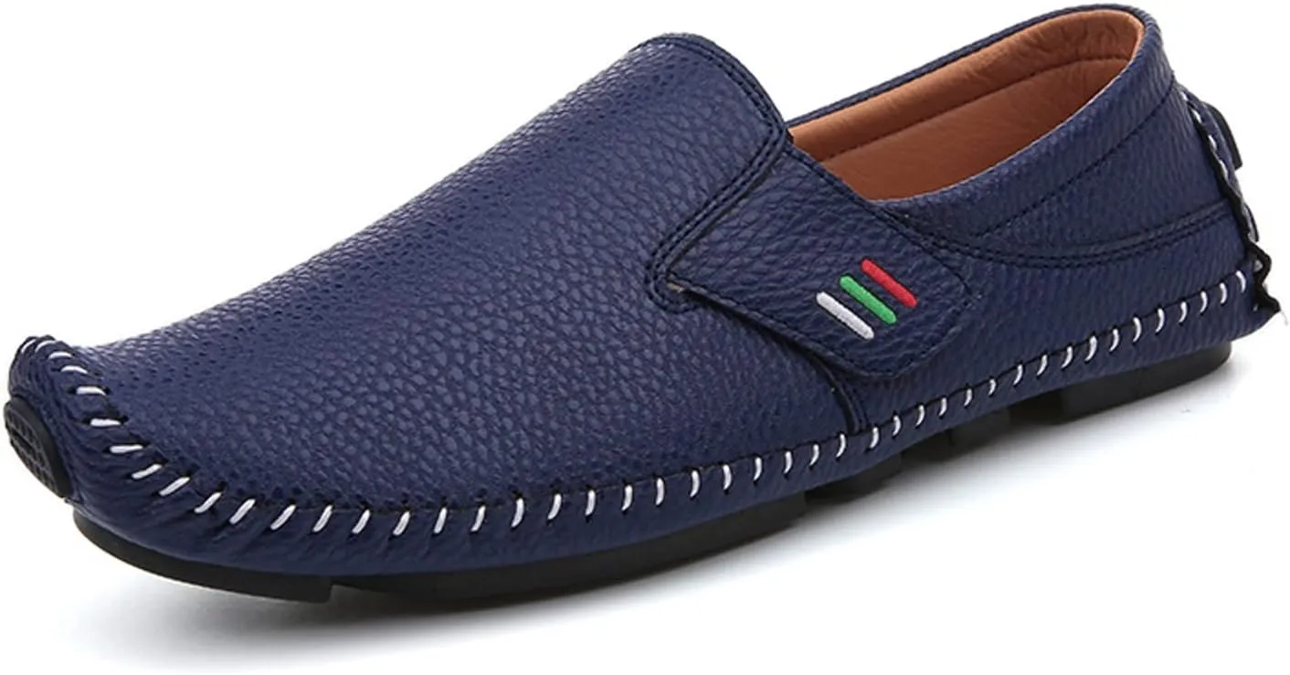 Men's Leather Square Toe Soft Sole Loafers with Hook&Loop,Breathable Comfortable Slip On Flat Moccasin Boat Shoes,Casual Fashion Walking Driving Shoes