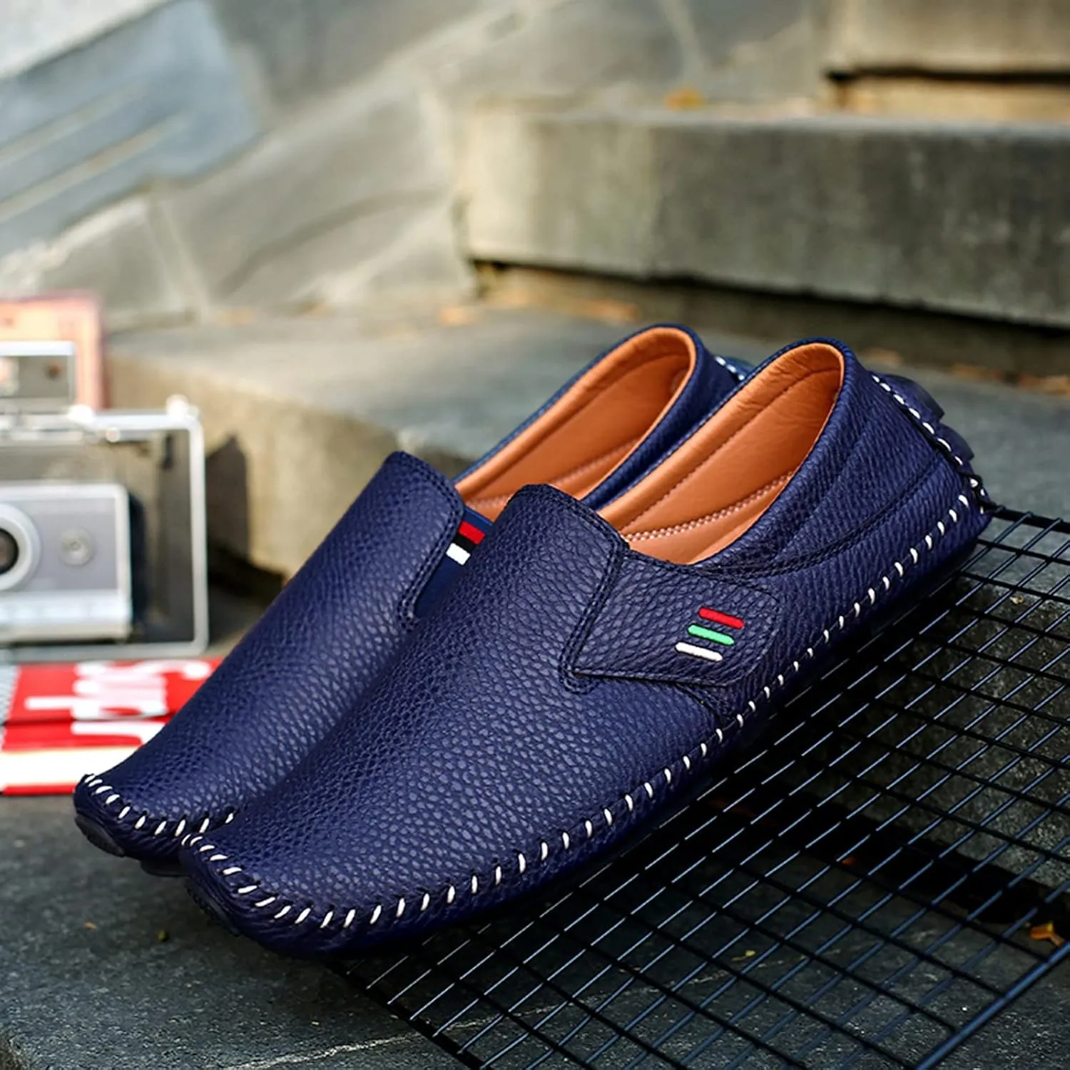 Men's Leather Square Toe Soft Sole Loafers with Hook&Loop,Breathable Comfortable Slip On Flat Moccasin Boat Shoes,Casual Fashion Walking Driving Shoes