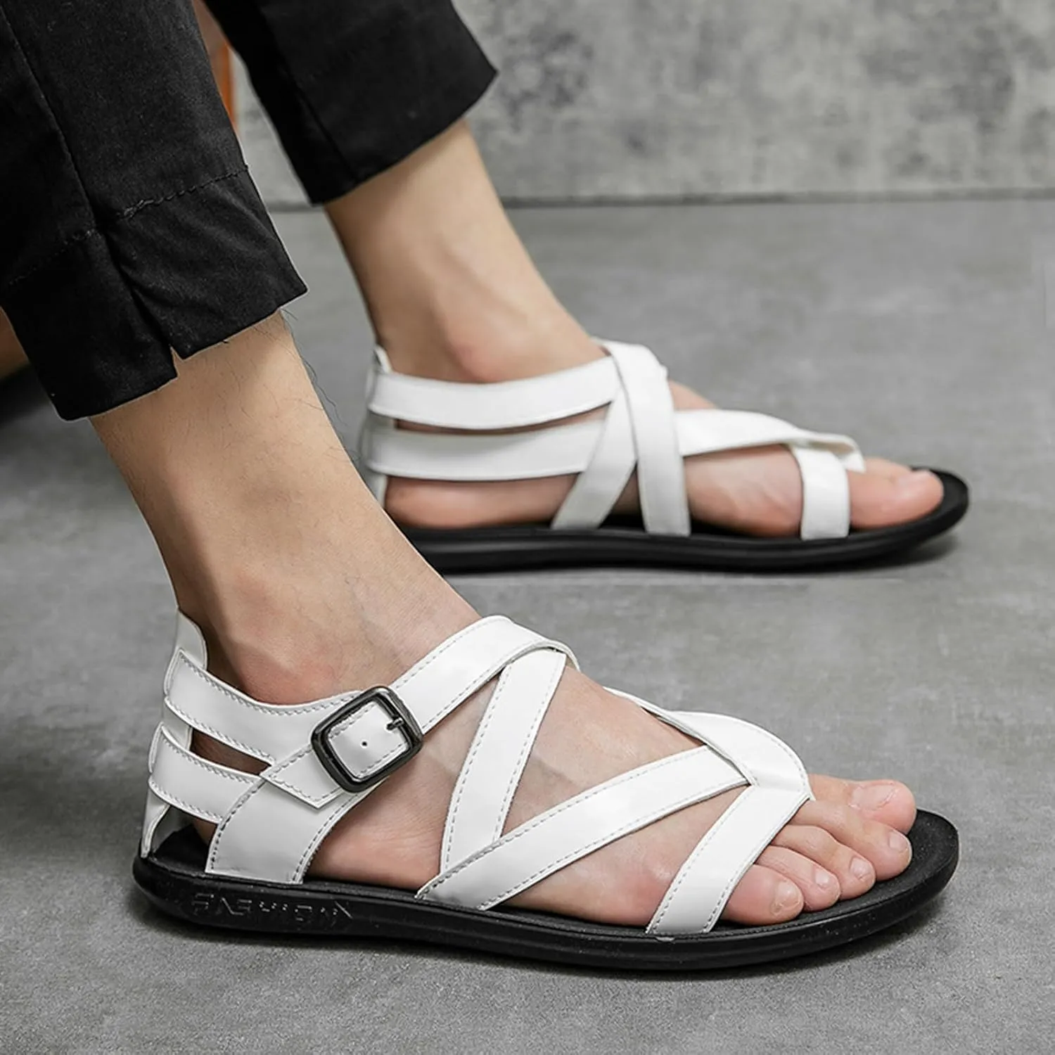 Men's Leather Thong Hollow Gladiator Strap Sandals Summer Casual Cross Strappy Low Top Roman Sandals Outdoor Comfy Adjustable Ankle Strap Beach Shoes