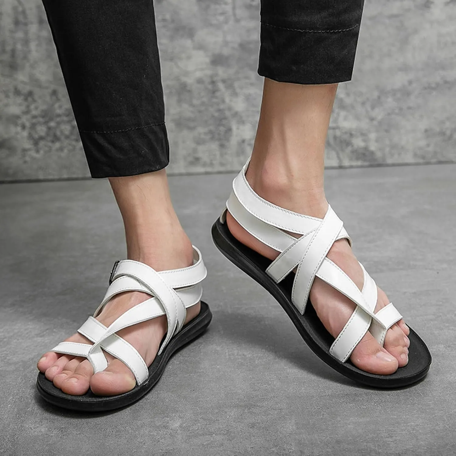 Men's Leather Thong Hollow Gladiator Strap Sandals Summer Casual Cross Strappy Low Top Roman Sandals Outdoor Comfy Adjustable Ankle Strap Beach Shoes