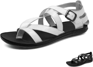 Men's Leather Thong Hollow Gladiator Strap Sandals Summer Casual Cross Strappy Low Top Roman Sandals Outdoor Comfy Adjustable Ankle Strap Beach Shoes