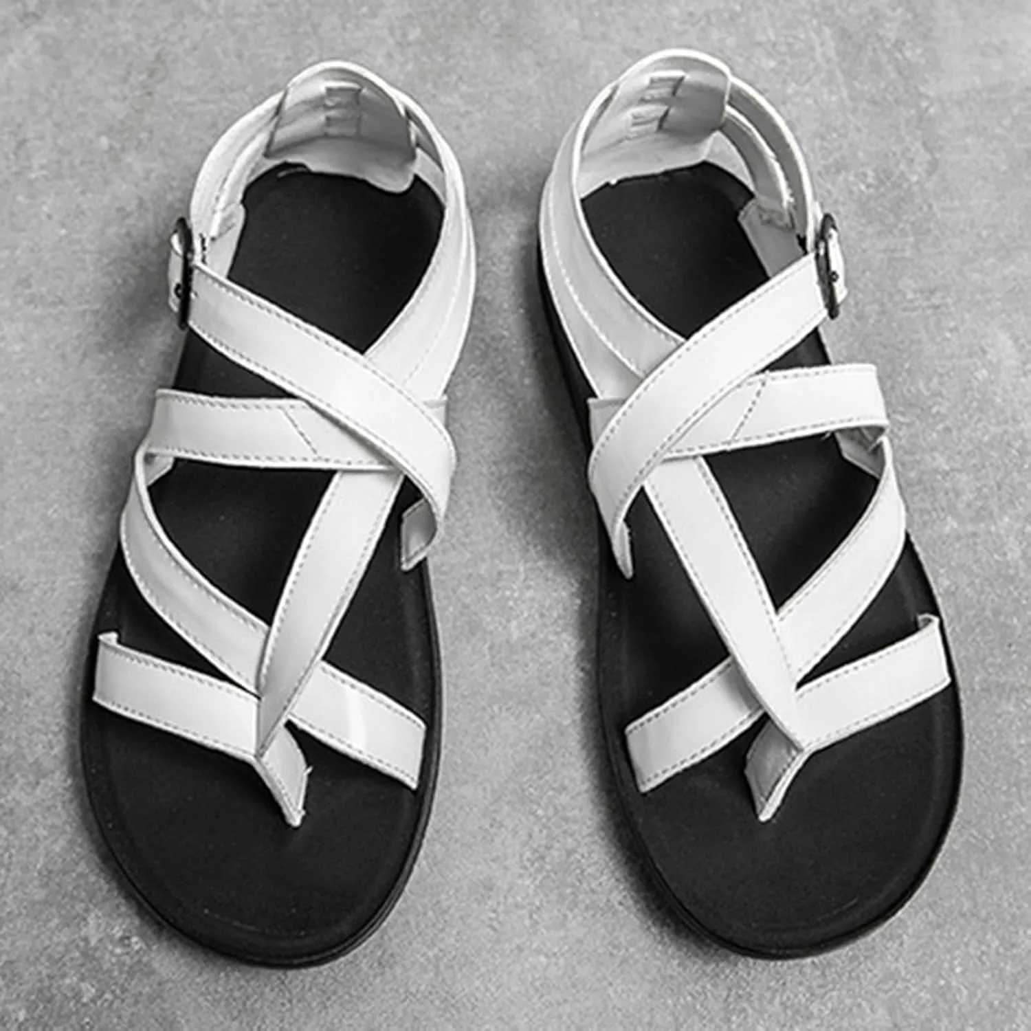 Men's Leather Thong Hollow Gladiator Strap Sandals Summer Casual Cross Strappy Low Top Roman Sandals Outdoor Comfy Adjustable Ankle Strap Beach Shoes