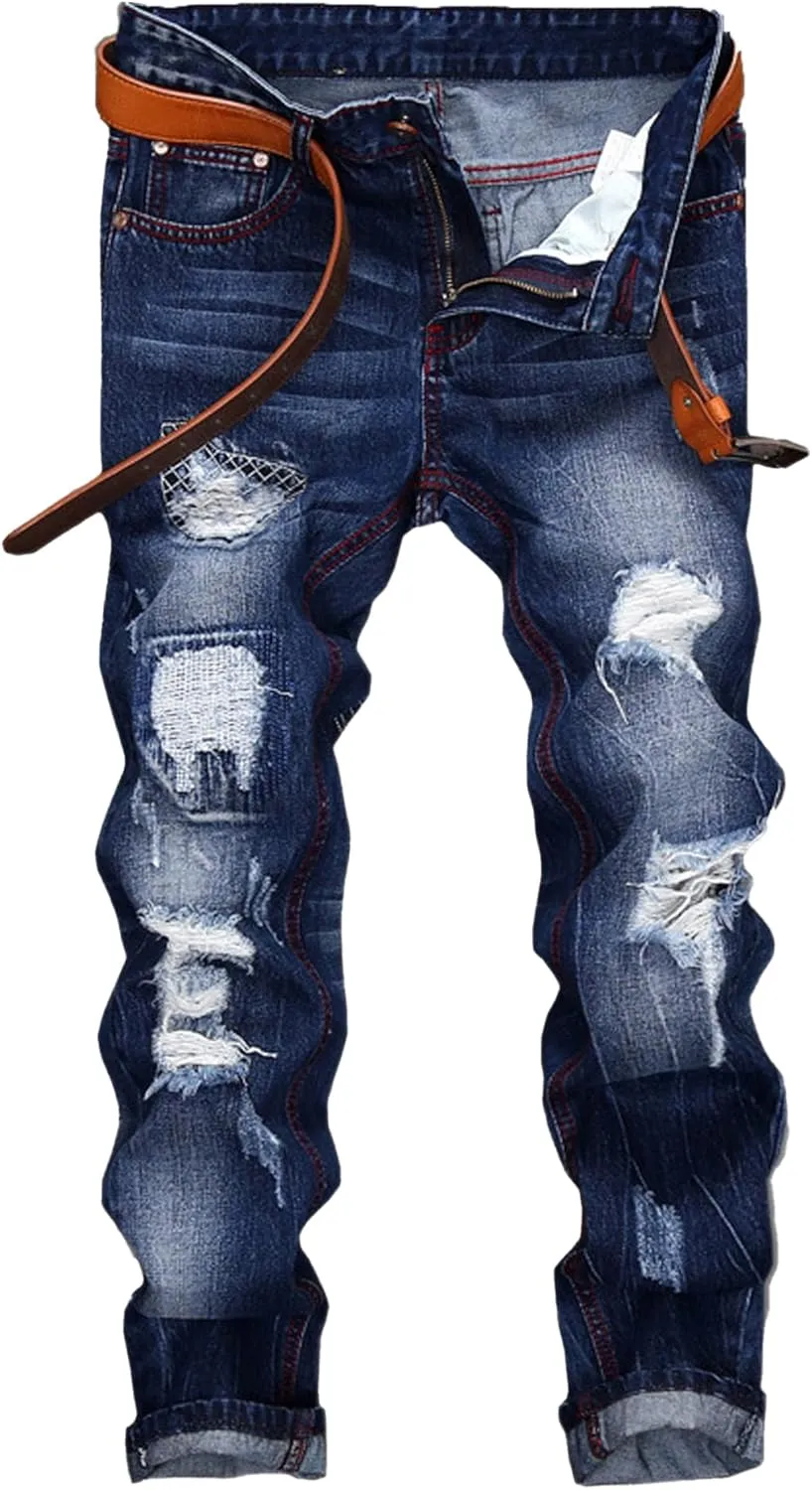 Men's Stretch Skinny Jeans Slim Fit Urban Biker Denim Pants Distressed Washed Motorcycle
