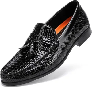 Men's Tassel Dress Shoes, Fashion Crocodile Printed Classic Leather Slip on Loafers Tassel Shoes