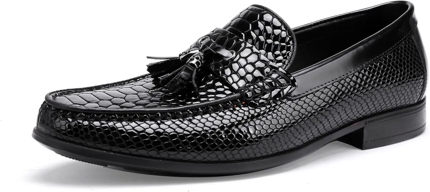 Men's Tassel Dress Shoes, Fashion Crocodile Printed Classic Leather Slip on Loafers Tassel Shoes