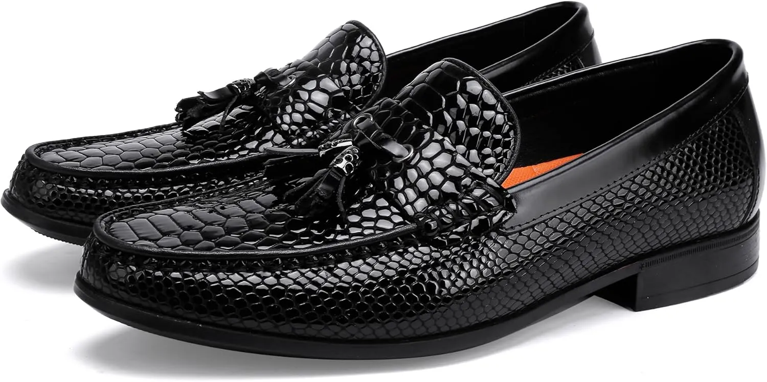 Men's Tassel Dress Shoes, Fashion Crocodile Printed Classic Leather Slip on Loafers Tassel Shoes