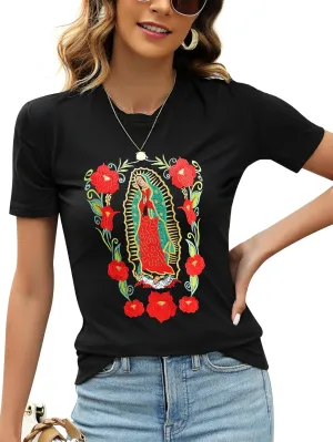 Mexican Shirts for Women Embroidered Tops Traditional Summer Blouse Women's Floral Tunic Round Neck Short Sleeve