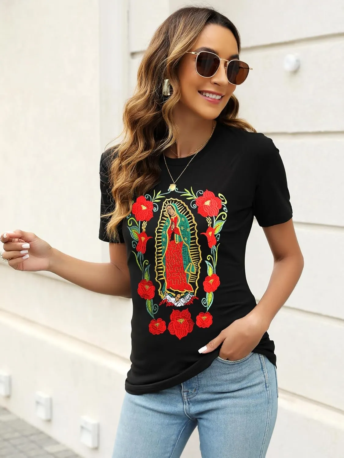 Mexican Shirts for Women Embroidered Tops Traditional Summer Blouse Women's Floral Tunic Round Neck Short Sleeve