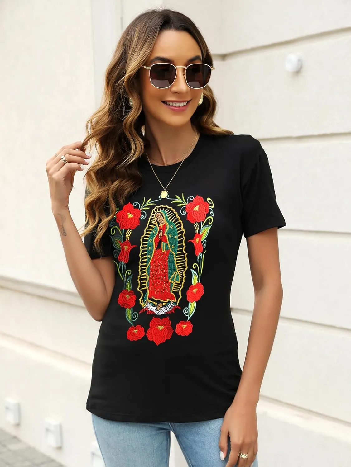 Mexican Shirts for Women Embroidered Tops Traditional Summer Blouse Women's Floral Tunic Round Neck Short Sleeve