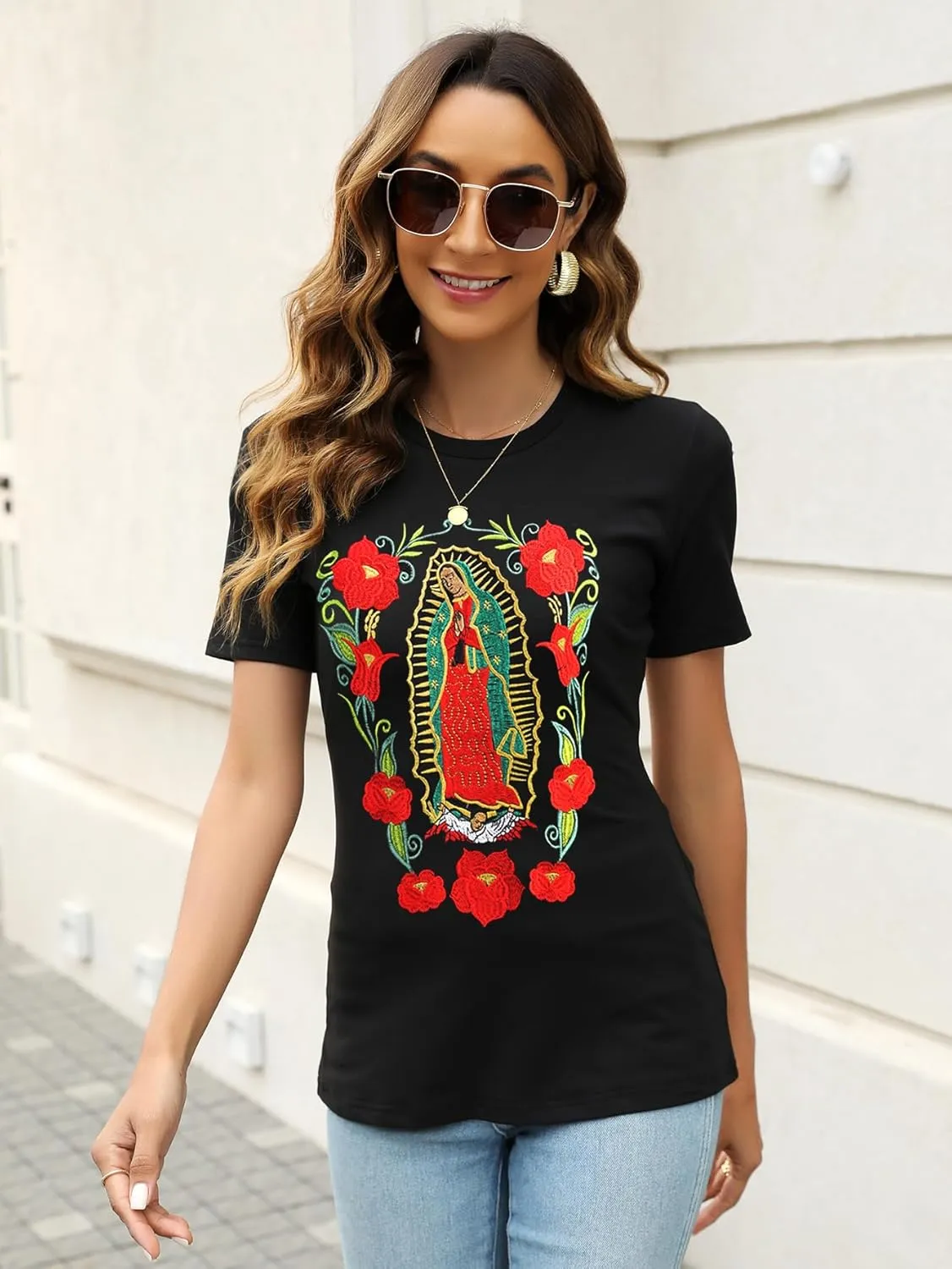 Mexican Shirts for Women Embroidered Tops Traditional Summer Blouse Women's Floral Tunic Round Neck Short Sleeve