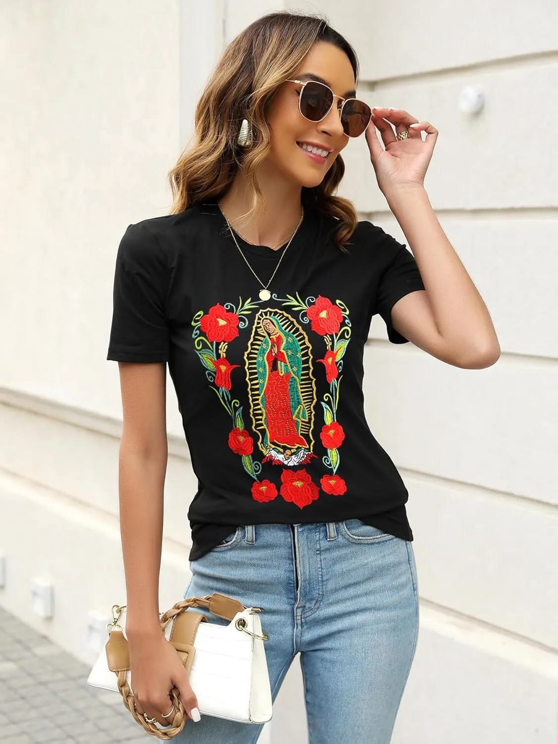 Mexican Shirts for Women Embroidered Tops Traditional Summer Blouse Women's Floral Tunic Round Neck Short Sleeve