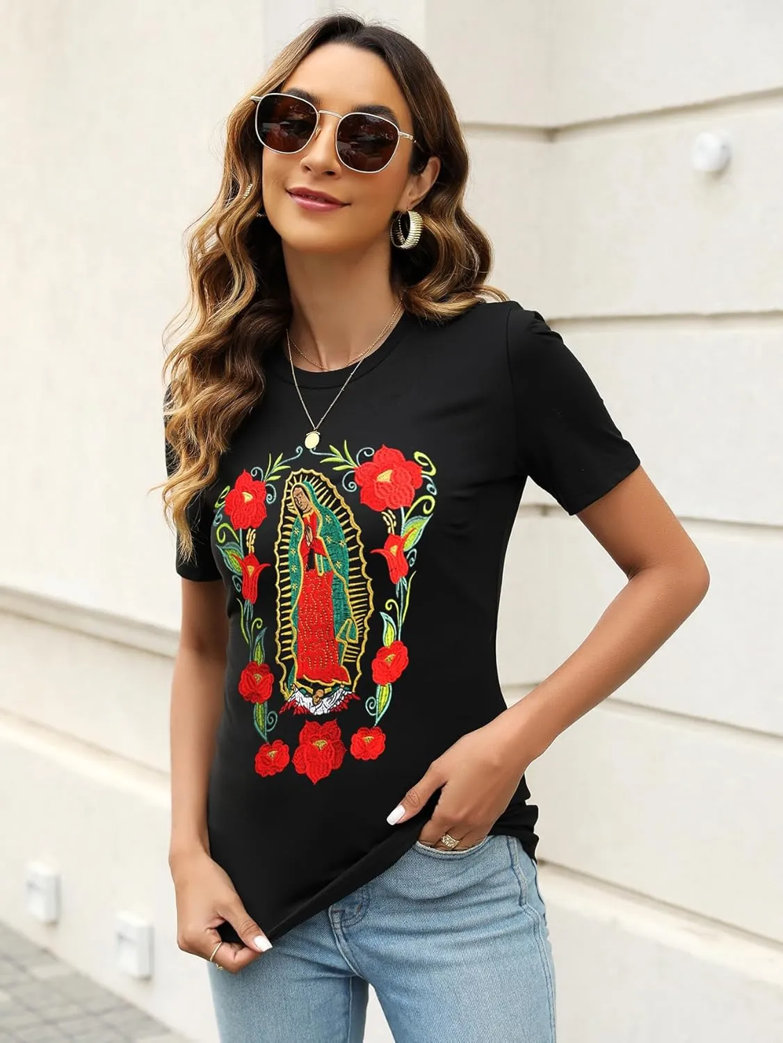 Mexican Shirts for Women Embroidered Tops Traditional Summer Blouse Women's Floral Tunic Round Neck Short Sleeve
