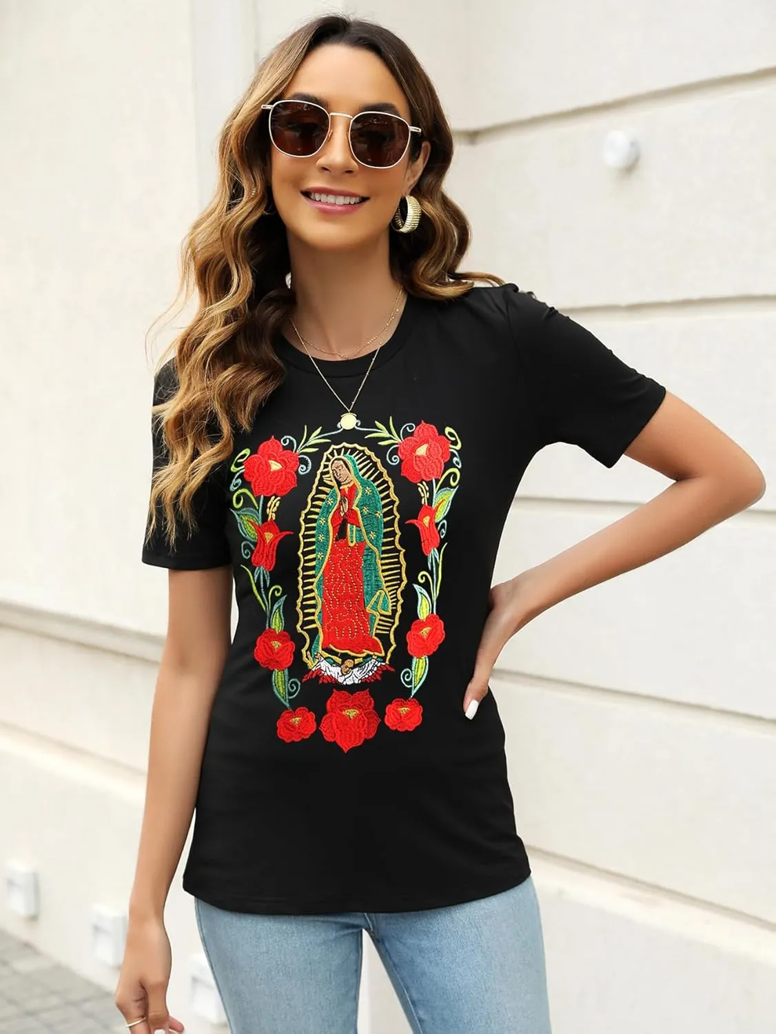 Mexican Shirts for Women Embroidered Tops Traditional Summer Blouse Women's Floral Tunic Round Neck Short Sleeve