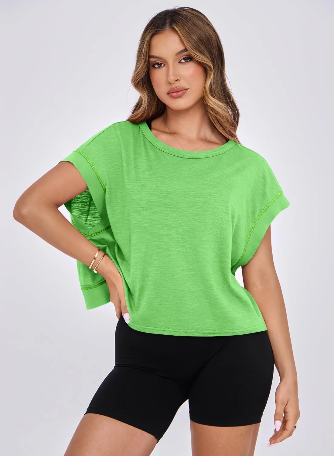 MIHOLL Womens Oversized Workout Crop Tops Open Back Casual Short Sleeve Crew Neck Cotton Loose Boxy Tshirts