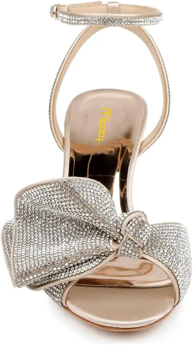 Milooey shoes Womens Glitter Rhinestone Bow Heeled Sandal Elegant Crystal Ankle Strap Kitten Heels Open Toe Dress Wedding Party Evening Shoe Size 4-16 US