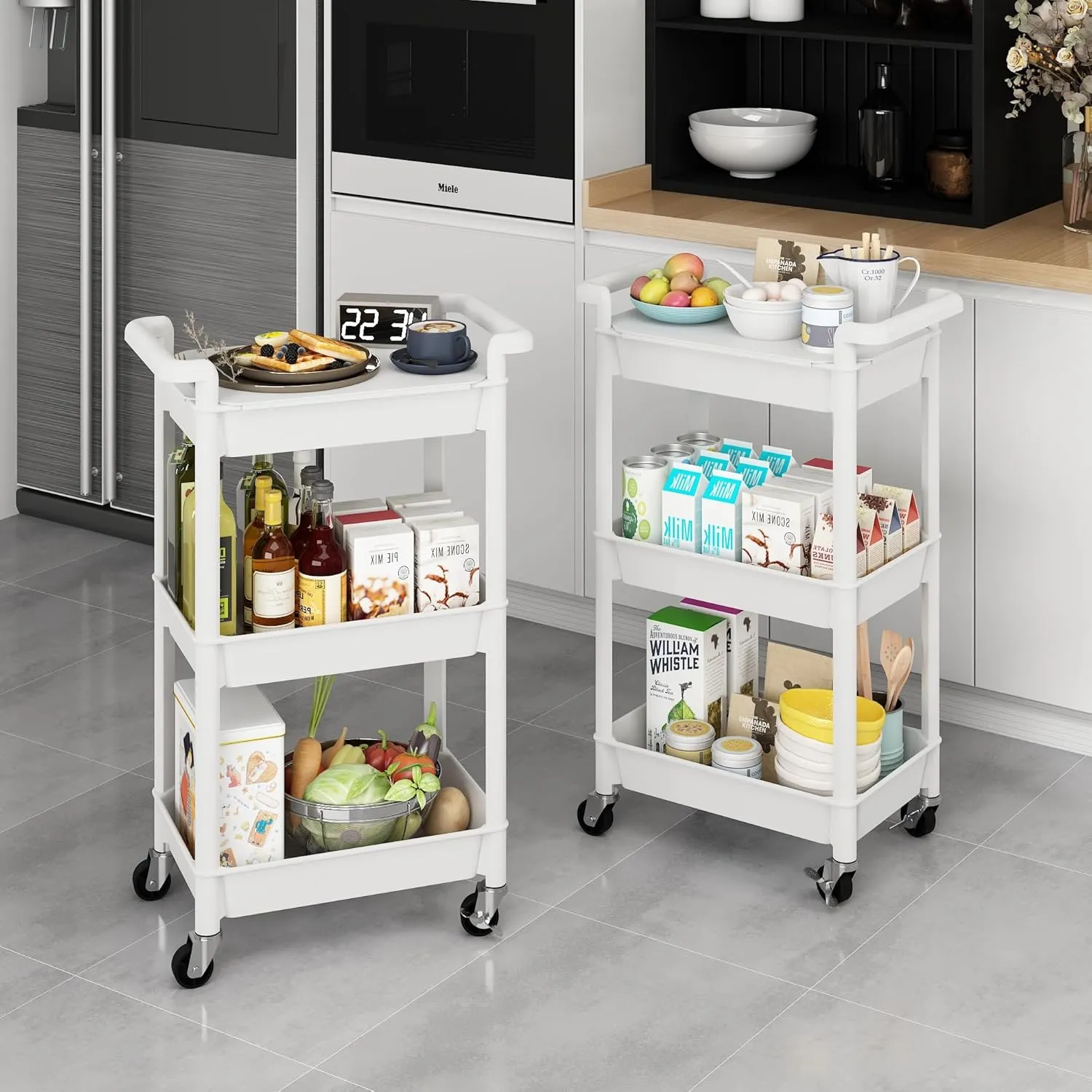 MIOCASA Utility Rolling Cart with Detachable Tray Top, 3-Tier Kitchen Storage Organization, Art Cart with Wheels for Office, Classroom, Livingroom, Kitchen, Bathroom