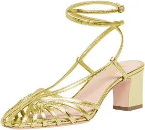 miss left Women Chic Caged Toe Chunky Mid Heel Cutout Sandals Strappy Ankle Strap Buckle Elegant Prom Evening Dress Shoes Size 4-16 US