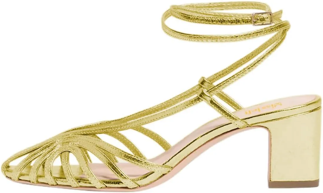 miss left Women Chic Caged Toe Chunky Mid Heel Cutout Sandals Strappy Ankle Strap Buckle Elegant Prom Evening Dress Shoes Size 4-16 US