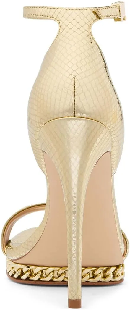 miss left Women Comfy Golden Chain Platform Ankle Strap Sandals Open Almond Toe Sky High Heel Stiletto Pumps Wedding Prom Club Shoes Size 4-16 US