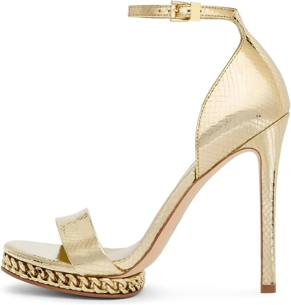 miss left Women Comfy Golden Chain Platform Ankle Strap Sandals Open Almond Toe Sky High Heel Stiletto Pumps Wedding Prom Club Shoes Size 4-16 US