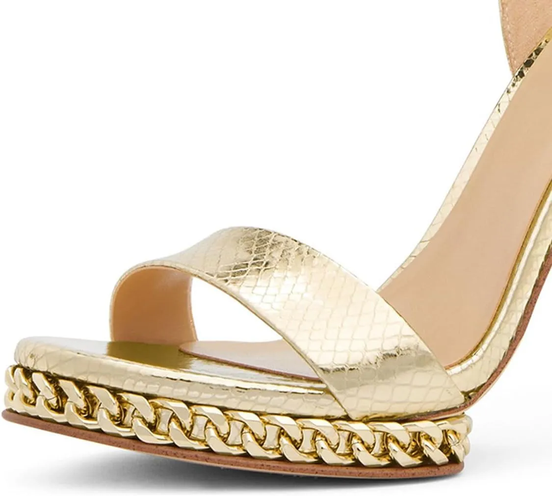 miss left Women Comfy Golden Chain Platform Ankle Strap Sandals Open Almond Toe Sky High Heel Stiletto Pumps Wedding Prom Club Shoes Size 4-16 US