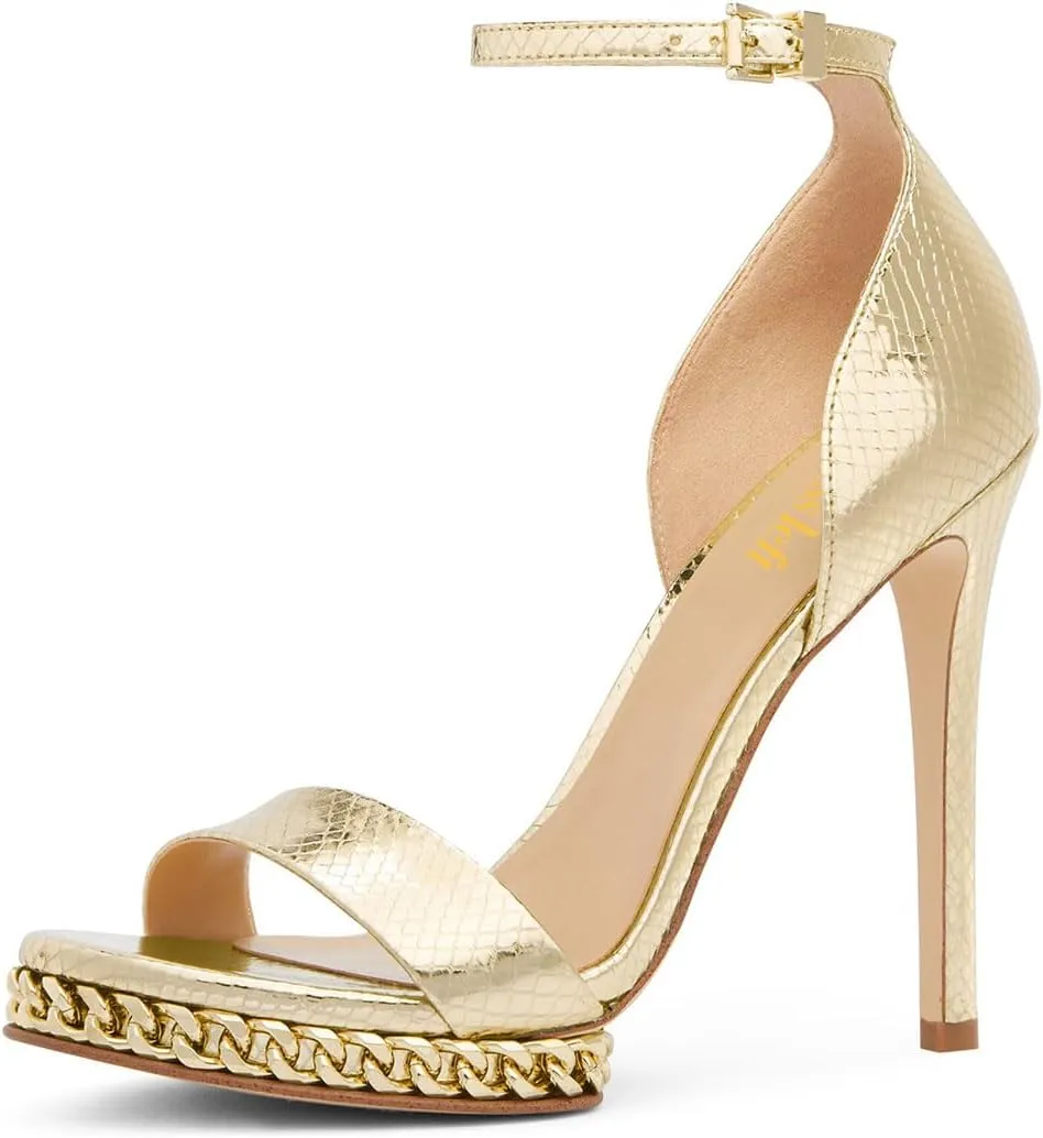 miss left Women Comfy Golden Chain Platform Ankle Strap Sandals Open Almond Toe Sky High Heel Stiletto Pumps Wedding Prom Club Shoes Size 4-16 US