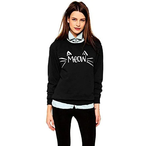 MIXMAX Women Cute Cat Face and Meow Letter Print Long Sleeve Sweatshirt Pullover(Medium, Cat black)