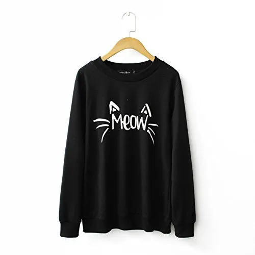 MIXMAX Women Cute Cat Face and Meow Letter Print Long Sleeve Sweatshirt Pullover(Medium, Cat black)