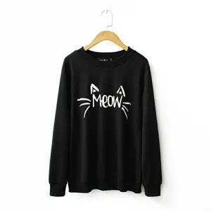 MIXMAX Women Cute Cat Face and Meow Letter Print Long Sleeve Sweatshirt Pullover(Medium, Cat black)