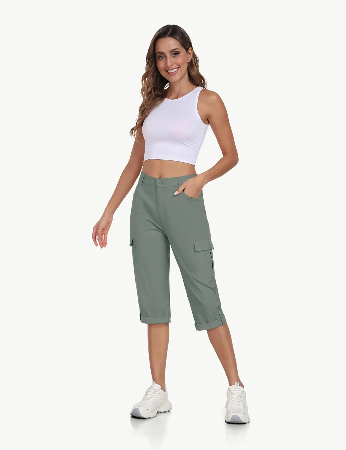 MoFiz Women's Cargo Capri Pants Cotton Roll up Convertible Capris Summer Casual Athletic Hiking Cropped Pants with Pockets