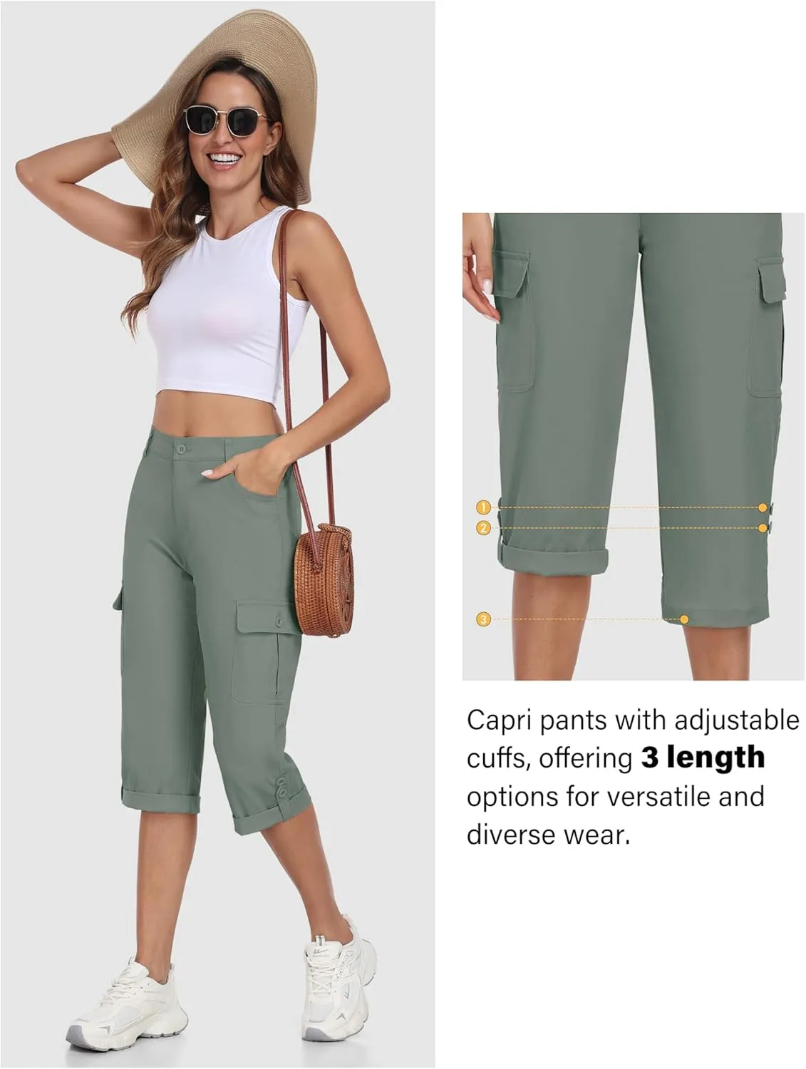MoFiz Women's Cargo Capri Pants Cotton Roll up Convertible Capris Summer Casual Athletic Hiking Cropped Pants with Pockets