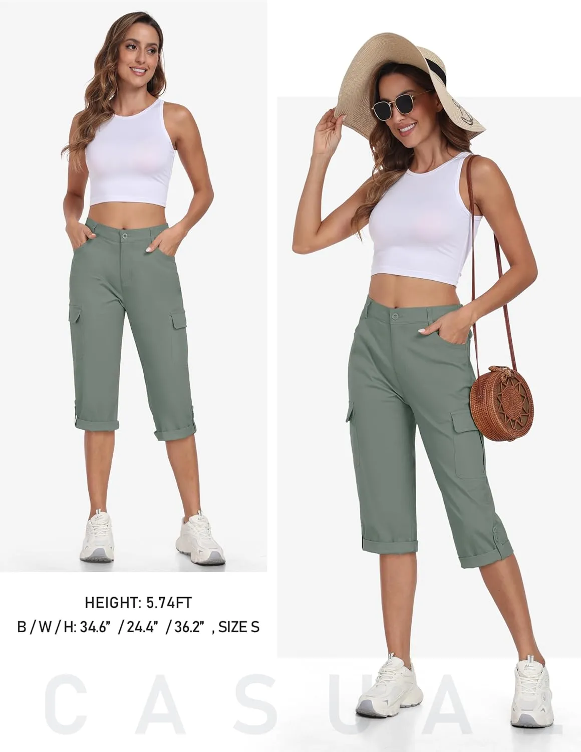 MoFiz Women's Cargo Capri Pants Cotton Roll up Convertible Capris Summer Casual Athletic Hiking Cropped Pants with Pockets