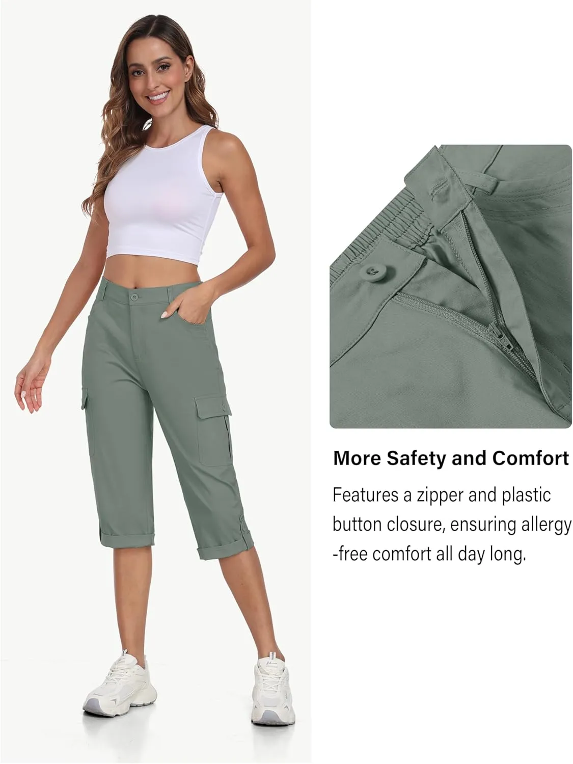 MoFiz Women's Cargo Capri Pants Cotton Roll up Convertible Capris Summer Casual Athletic Hiking Cropped Pants with Pockets