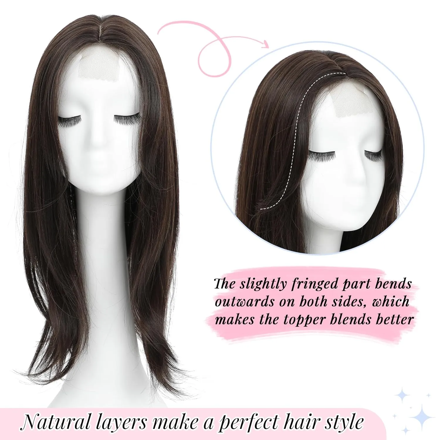 Molefi Hair Topper,18 Inch Long Layered Toppers for Women with Thinning Hair,Add Volume Synthetic Wiglets Pieces For Women 6.5"×6.5" Large Base for Daily Use(Black brown)