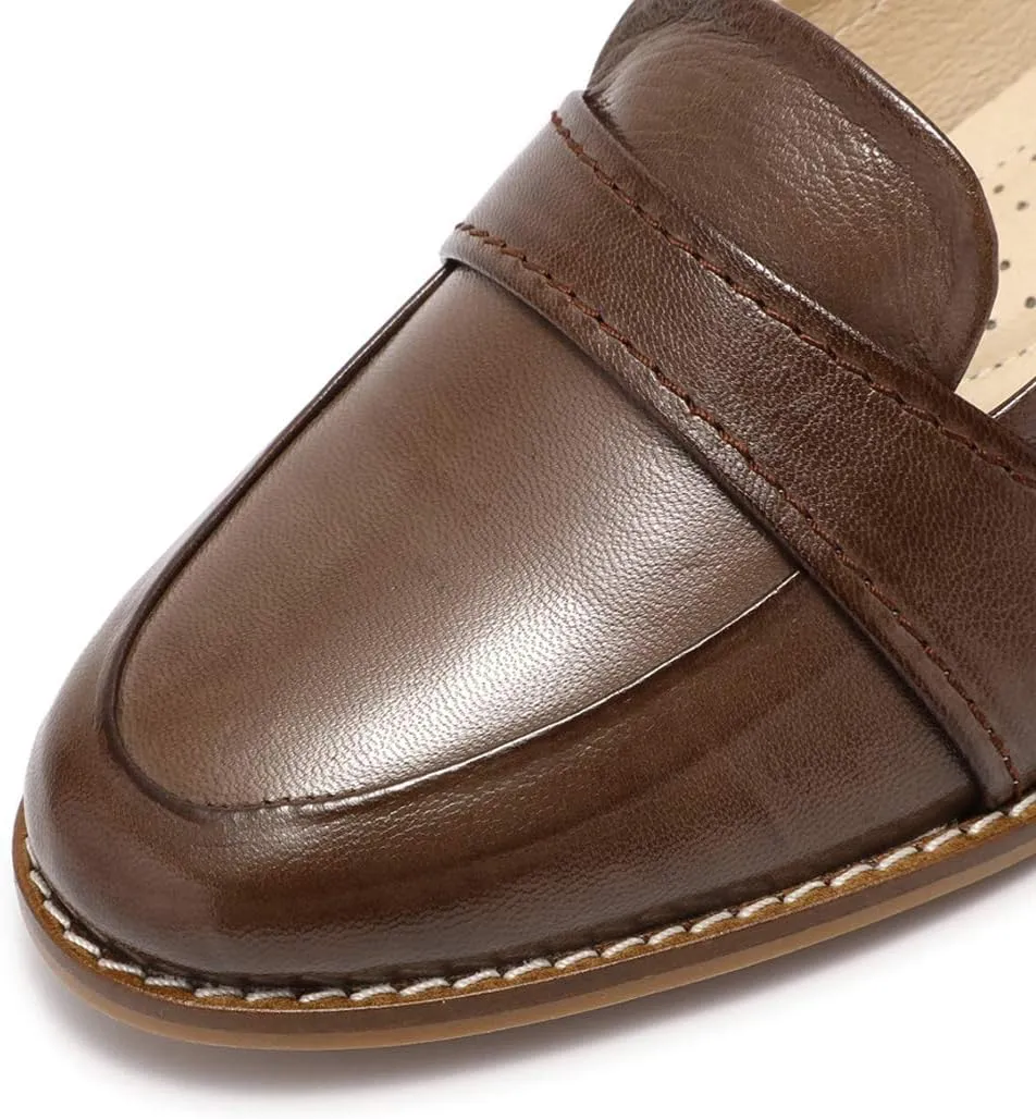 Mona flying Women's Leather Dress Penny Loafers Slip On Flats Office Ladies Casual Shoes