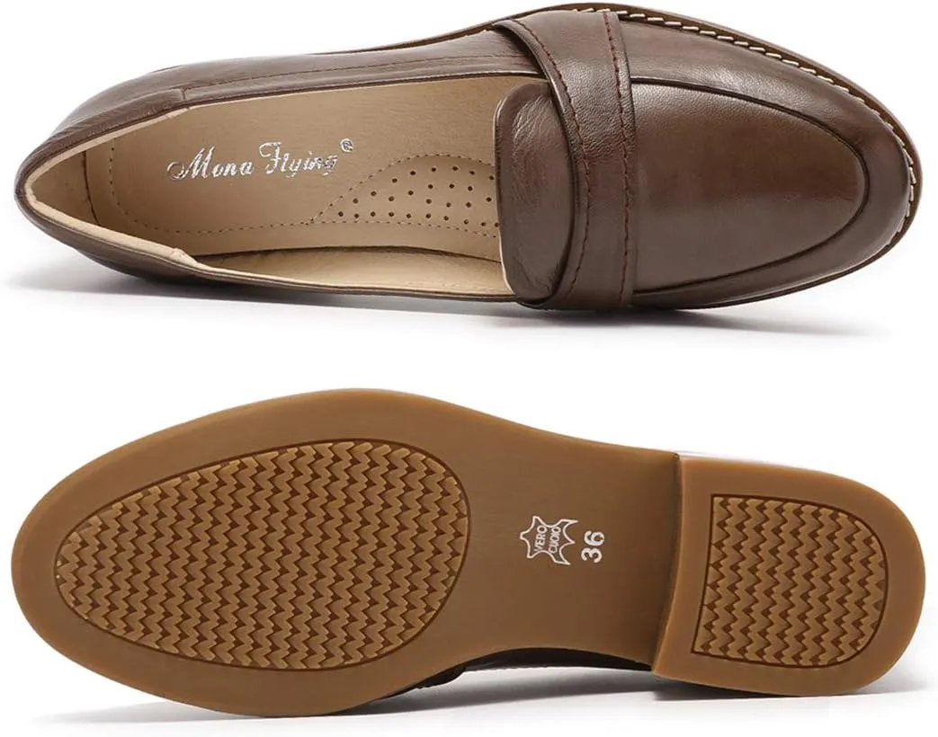 Mona flying Women's Leather Dress Penny Loafers Slip On Flats Office Ladies Casual Shoes