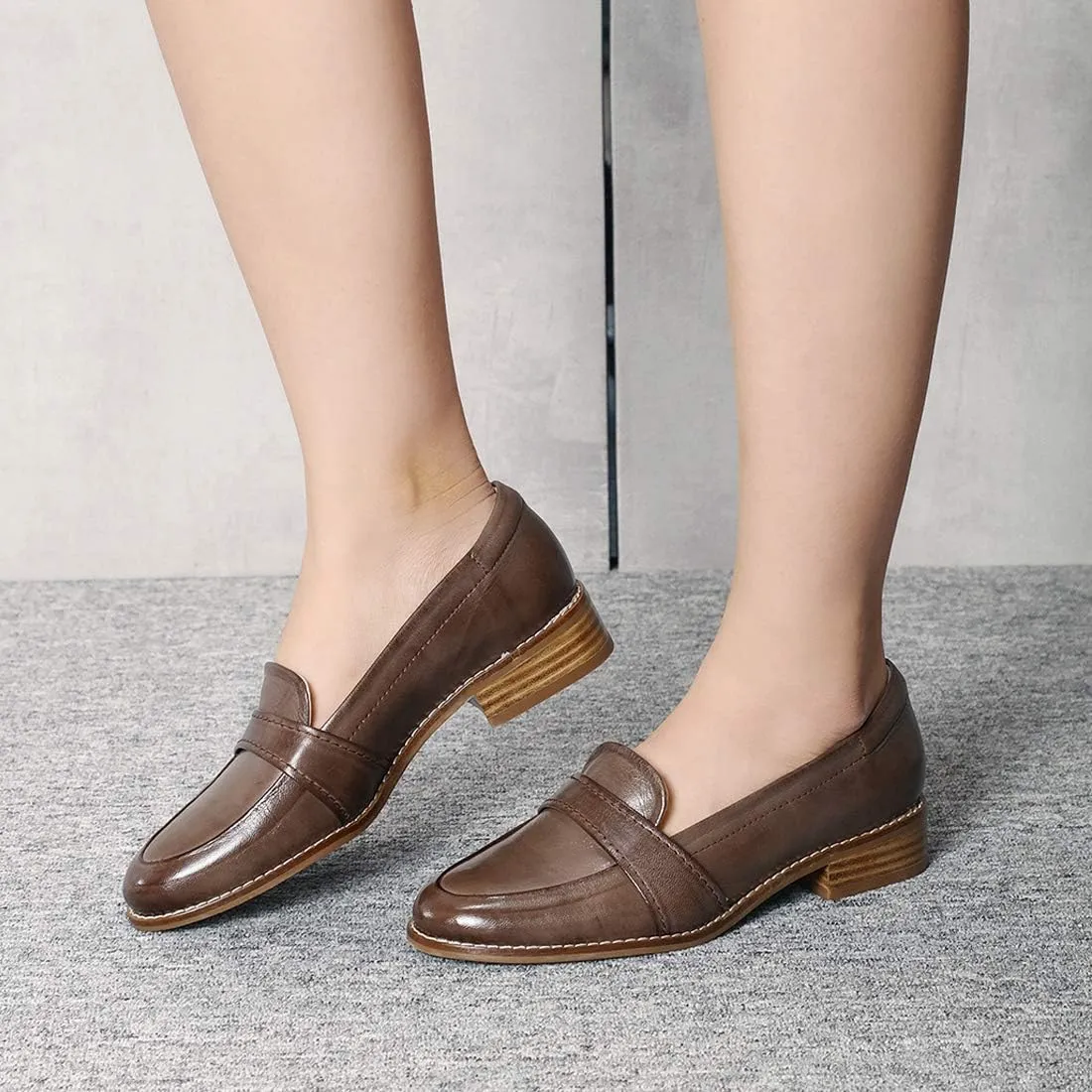 Mona flying Women's Leather Dress Penny Loafers Slip On Flats Office Ladies Casual Shoes
