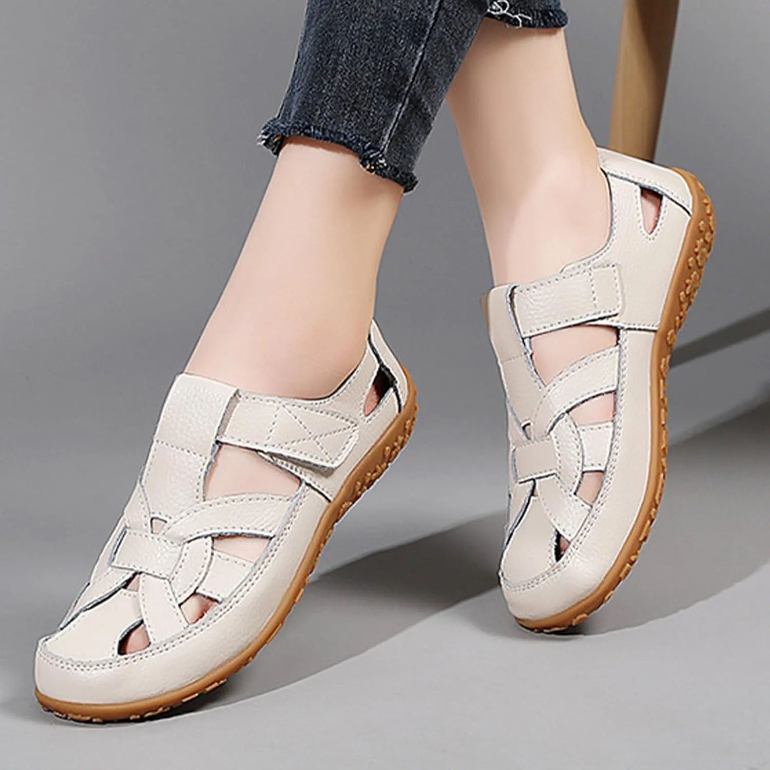 MOYOWEI Women's Woven Closed Toe Leather Sandals,Casual Comfy Orthotic Softsole Ankle Strap Boho Gladiator Beach Shoes