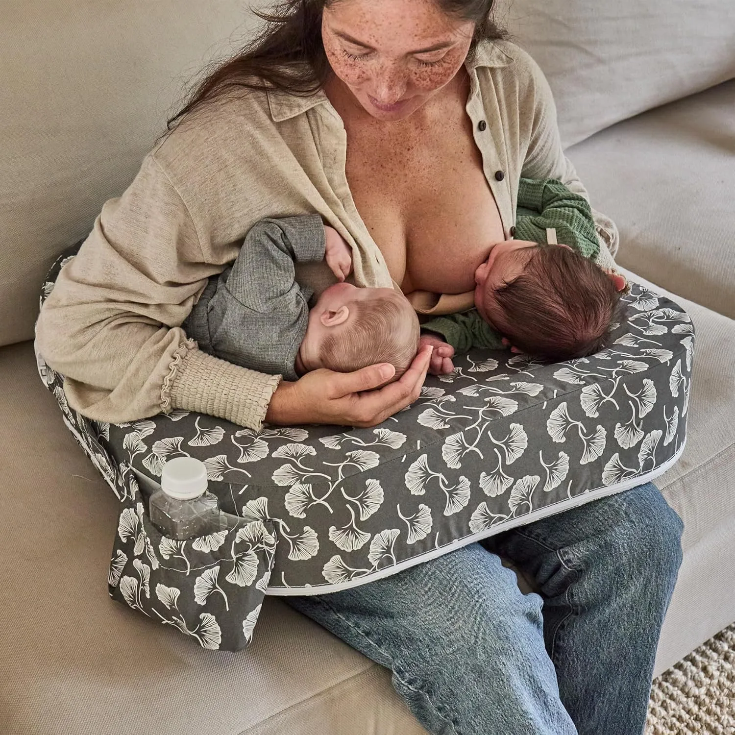My Brest Friend Twin Nursing Pillow - Enhanced Comfort with Slipcover - Ergonomic Breastfeeding Pillow for Ultimate Support - Adjustable Nursing Pillow with Handy Side Pocket, Grey/Wht Flwg Fans